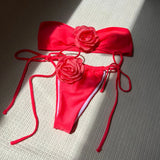 2024 New Solid-Colored Rose Breast Drawstring Strap Split Swimsuit