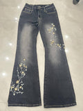 Fongt West Of The Cowboy Wind Plant Flowers Embroidered Low-Waisted Trousers Hottie Water Wash Old Leisure Trousers
