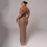 Draped Off-Shoulder Long Sleeve Top And Maxi Skirt Set-Outfit