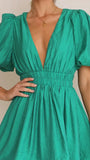 Fongt Summer New Sweet Deep V Waist Show Thin Pleated Bubble Sleeve Dress 23034-Outfit
