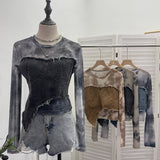 Vintage Dye Mesh Spliced Denim Shoulder Long-Sleeved T-Shirt T-Shirt T-Shirt Dress