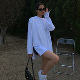 Split Fork Long T-shirt Women Casual Basic O-neck Long Sleeve Tee Shirt Autumn 2023