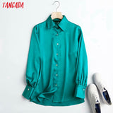 Women High Quality Green Satin Shirts Long Sleeve Solid Turn Down Collar Elegant Office Ladies Work Wear Blouses