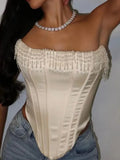 White Satin Pearl Tassel Corset Top-Outfit
