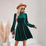 Fongt 2024 Winter New Women's Casual High Collar Velvet Solid Color Waist Dress-Outfit
