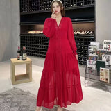 Fongt Retro Court Style Lace V-Neck High-End Dress With Thin Single-Drace Buckle Dress