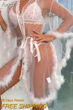 See Through Lace Feather Robe Nightgown For Women Deep-V Cardigan Horn Sleeve Lingerie Night Wear Bathrobes