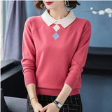 Turn-down Collar slim knitted ladies sweaters Elegant warm long sleeve women's pullovers Korean patchwork color