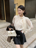 Fongt Xixi 2025 Autumn White Standard Thousand Gold Wind Bow Tie With Bottom Shirt Women's Long-Sleeved Top Tide 89589