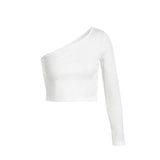 Fashion Crop Top Women Summer One Shoulder Long Sleeve Ribbed Knit T-shirts Solid Slim Stretch Pullovers Slim Short