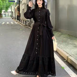 Fongt Small Vintage Hollow Lace Splicing Strap Belt Lantern Sleeve Dress Female Court Long Dress