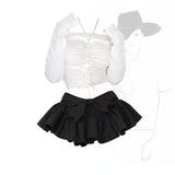 Spring Off Shoulder White Crop Top Women's Black Mini Pleated Skirt Cute Two 2 Piece Outfits for Shorts Set Women Shirts-Outfit