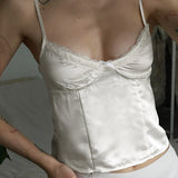 Temperament Pure Color Lace Splicing V-Collar Chest-Shaped Satin Satin Vest 2024 Spring / Summer New Style-Outfit
