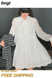 Women Preppy Style Trendy Bows Design Simple Ins Folds Ulzzang Solid Cozy Elegant Tender Ladies Casual Daily Chiffon