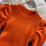 Puff Long Sleeve Knitted Sweater Pullovers Girls Solid Buttons O-neck Streetwear Winter Sweaters Tops Jumpers Women-Outfit