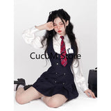 New Women's Autumn College Style Long Sleeve Shirt Top Higg Waist Shrinking Slim Dress 2-Piece Set Fashion Sweet Suit Girls-Outfit