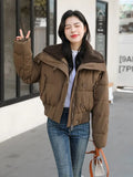 Thicken Parkas Slim Short Jackets Women Korean Warm Plush Lapel Coats Casual Down Cotton Oversized Pink Crop