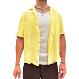 Fongt Summer New Men's Casual Knit Cardigan White Short Sleeve Jacket Men's Shirt Hollow Out Men's
