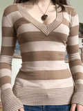 V Neck Striped Knit Top-Outfit