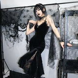 Lace Spliced Dark Wind Suspender Dress Women's Summer New Sexy Fishtail Dress-Outfit