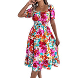 Spring And Summer Leisure Flowers Lead Short Sleeves To Close The Waist Lotus Leaf Side A Dress Women's