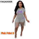 Plus Size Women Set S-5XL PINK Letter Print Round Neck Top And Tassel Shorts Two Piece Sets Casual 2pcs Outfits