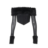 Fongt Women's Fall Sexy Waist Fishbone One Word Collar Fluffy Hot Girl Tight Long Sleeve Top Female-Outfit
