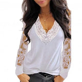 V Neck Lace Trim See Through Long Sleeve