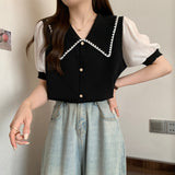 Goods Temperament Doll Collar T-Shirt Women's Summer New Splicing Head Chiffon Temperament Waist Short-Sleeved