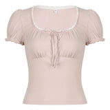 Sweet Bandage Bow Crop Top Pink Cute Coquette Ruched Short Sleeve T Shirt Summer Casual Square Collar Tees y2k Aesthetic-Outfit