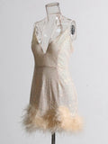 2025 Sexy Deep V-Neck Slid Strap Design Splicing Ostrich Hairy Sling Dress