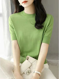 Sweater T-Shirt Women's Wear New Summer Half-High Collar Chic Premium Ice-Sensitive Silk Black Blouse Thin-Outfit