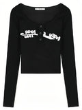 Black Long Sleeve Rib Crop Top with Letter