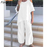 2023 New Women's Sling with Loose Shirt, Wide-leg Trousers Two-piece New In Matching Sets Set Woman 2
