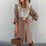 Vintage Printed Women's Dress 2021 Spring Long Sleeve Ruffles Sundress Casual Patchwork Lace-up Bohemian Party