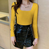 Fongt Square Collar Undershirt With The 2024 New Fall Tight Low Collar Long-Sleeved T-Shirt-Outfit