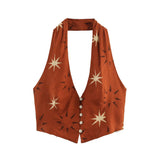 Fongt New Women's Sun-Print Linen-Blend Vest Blouse Wide-Legged Trousers Set