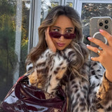 Fongt Women's Explosive Wild Leopard-Print Small Short Collar Imitation Fur Wool Coat