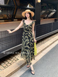 Fongt Xixi 2025 Summer New Korean Version Of High-Waisted Vacation Sling Dress V-Neck Print Pure Desire Skirt 88346
