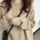 Fongt Women's Autumn Winter New Style With Lazy Wind Pure Color Sweater Loose Round Collar Thick Mixed Color Top Female-Outfit