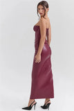 Burgundy Strapless PU Leather Maxi Dress-Outfit