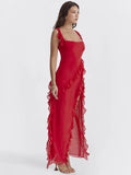 Red Ruffle Split Maxi Dress-Outfit