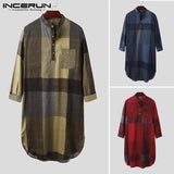 Muslim Men Islamic Kaftan Plaid Long Sleeve 2021 Stand Collar Casual Robes Arabic Vintage Caftan Cotton Men Jubba