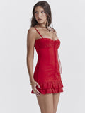 Red Lace Patchwork Buttoned Mini Dress-Outfit