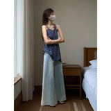 Fongt Blue Floral Sling Skirt Top Woman 2025 Summer Design Sense Niche Wearing Broad-Legged Pants Two Sets