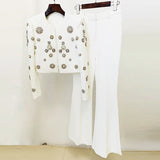 Fongt New Fashion Round Neck Heavy Industry Nail Beads Short Jacket Open Fork Horn Trousers Set