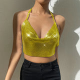 Fongt New Sexy Nightclub Slim Type Metal Sequins Hanging Neck Dew Back Vest Female