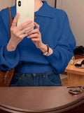 Fongt Blue Collar Long-Sleeved Knitted Bottom Shirt Women's Autumn And Winter Loose Short Sweater With Temperament Small Top