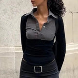 Fongt Women's Autumn Burst Spell Color Stripe POLO Collar Retro Hot Girl Show Thin-Outfit