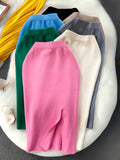 Fongt Solid Color Skirt Winter With Sweater High Waist Thin Temperament Open Elastic Knitted Hip Long Skirt